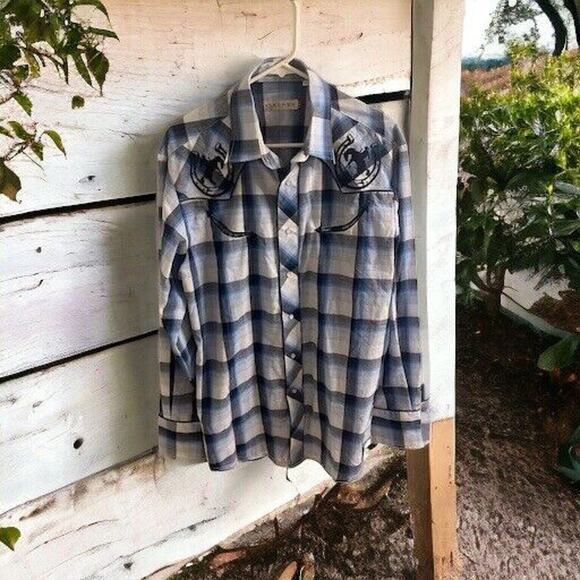 Roper Shirt Adult Large Blue Plaid Rodeo Western Cowboy Pearl Snap Mens - Picture 1 of 5